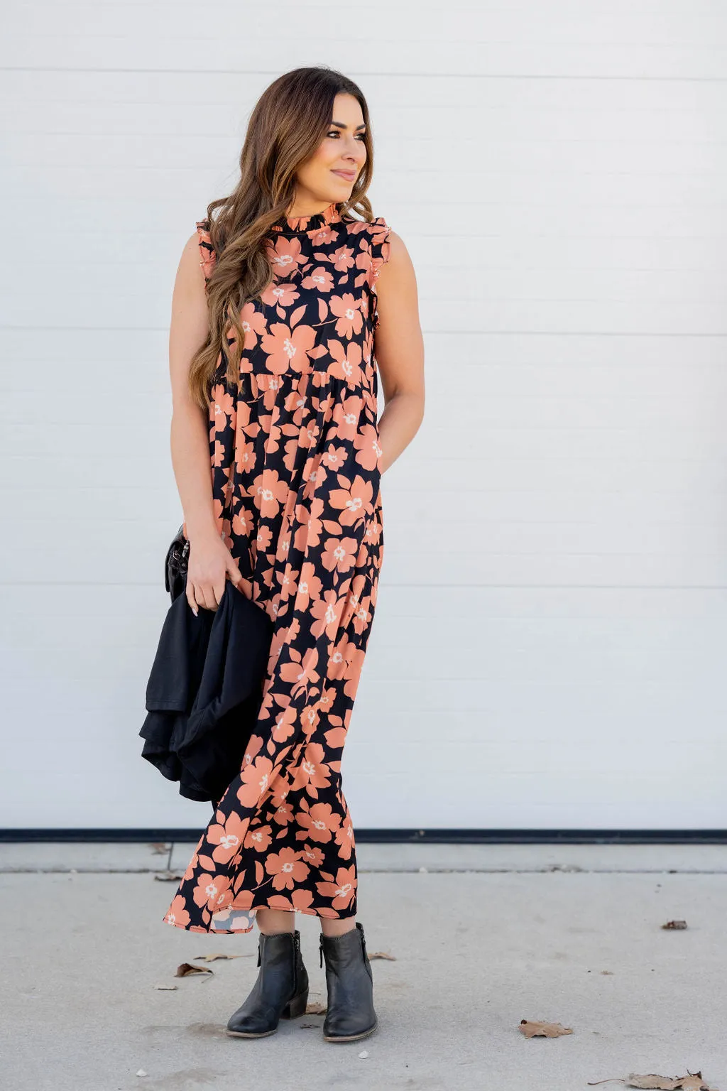 Retro Floral Ruffle Trim Maxi Dress