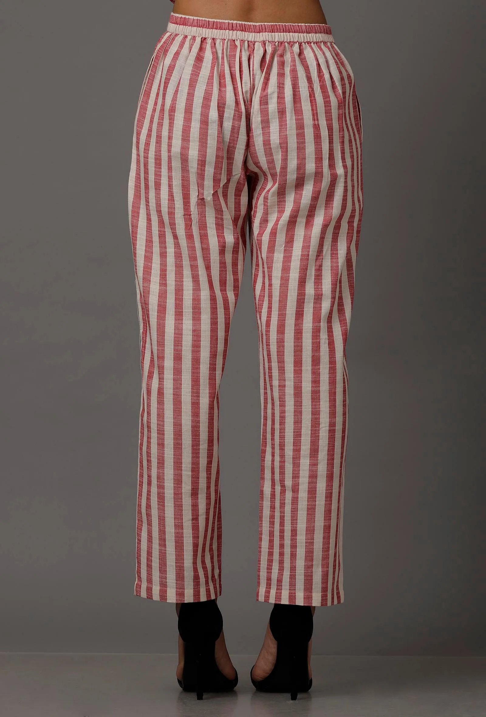 Set of 2: Red and White Stripes Pure Woven Cotton Kurta and Pants