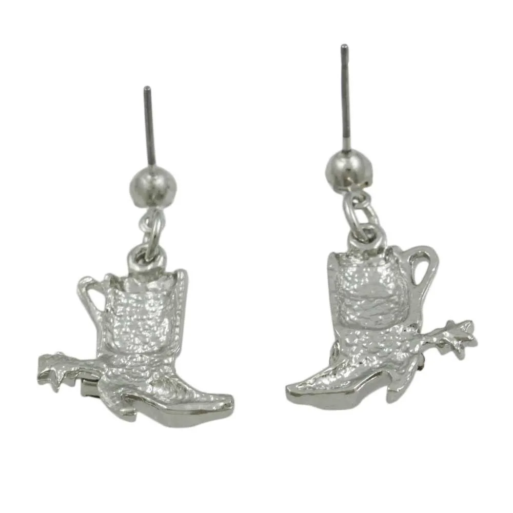 Silver Cowboy Boots with Spurs Dangling Pierced Earring - REC150