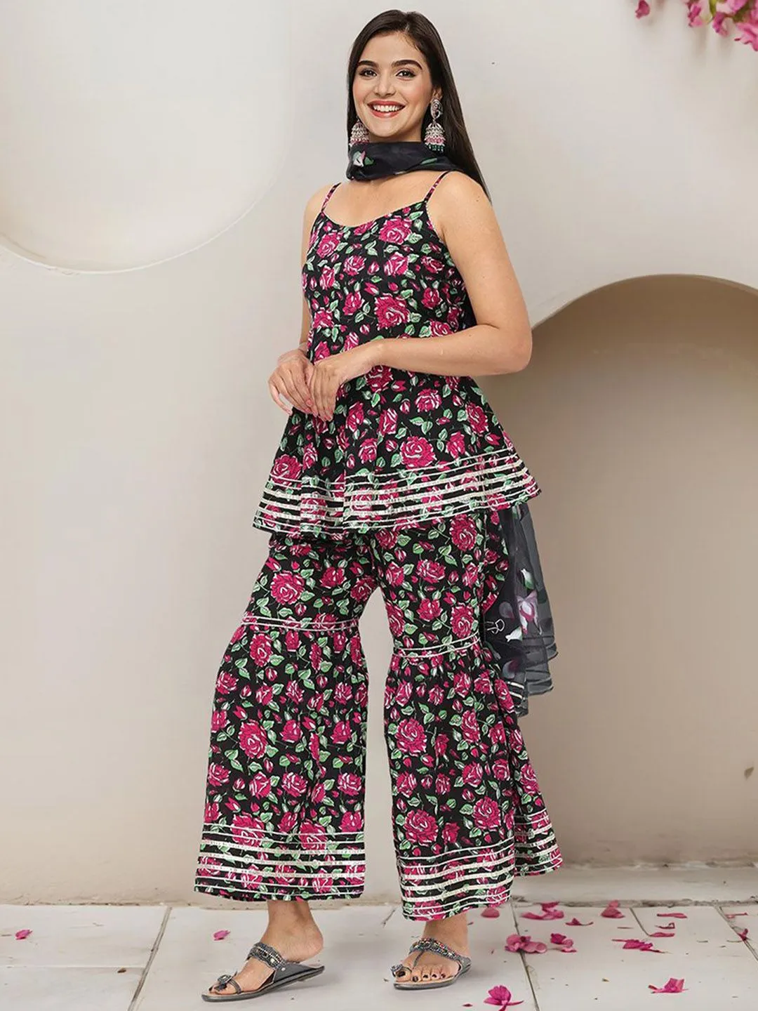 Soft Pure Cotton Black Floral Printed A-Line Kurti with Sharara Bottom and sheer Hand-Painted Organza Dupatta