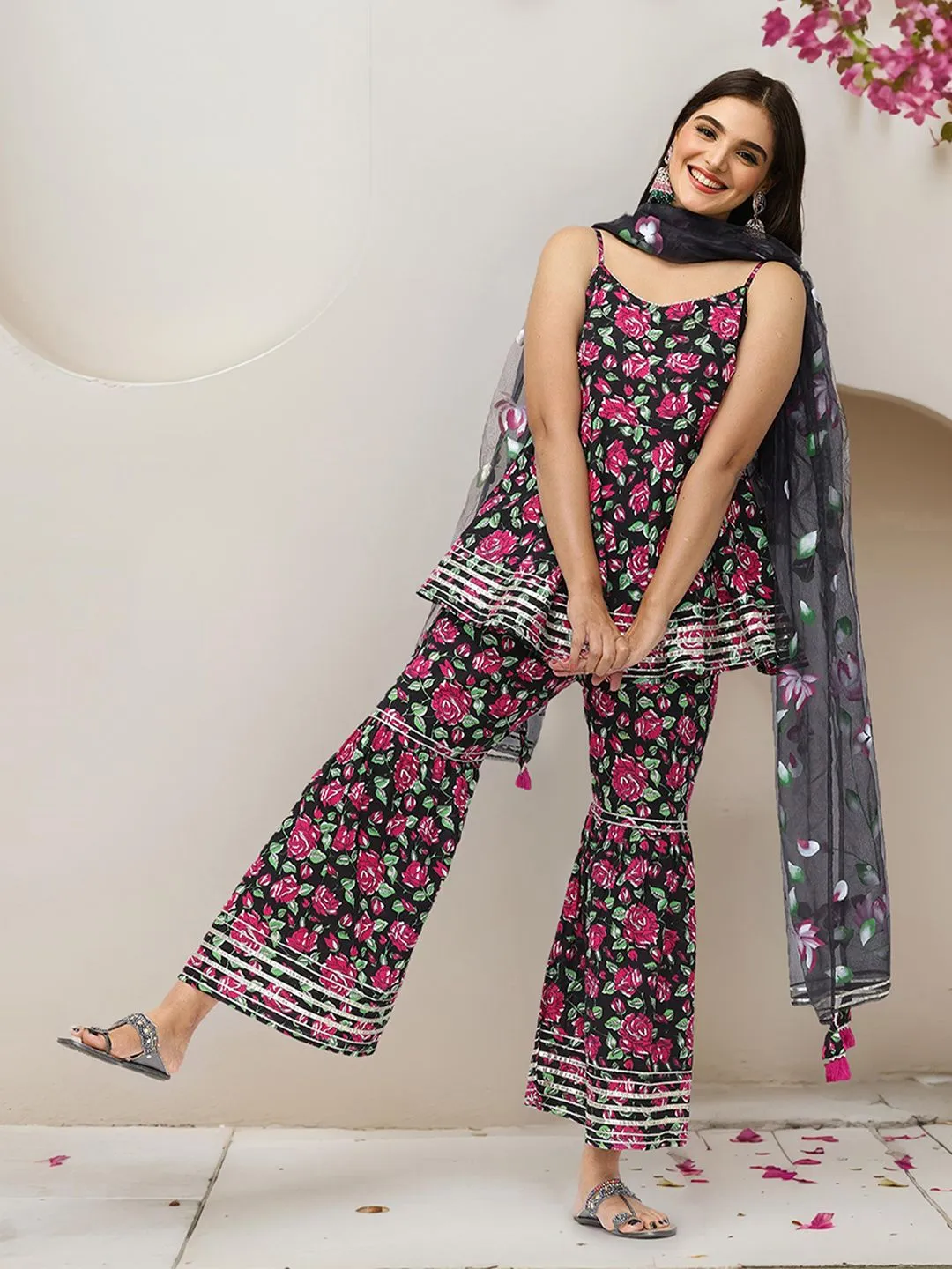 Soft Pure Cotton Black Floral Printed A-Line Kurti with Sharara Bottom and sheer Hand-Painted Organza Dupatta