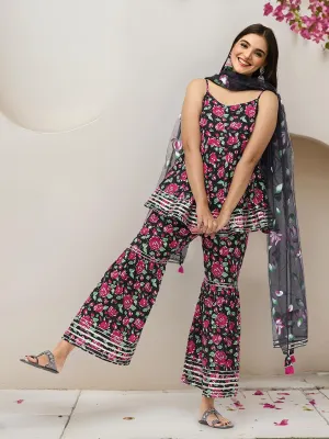 Soft Pure Cotton Black Floral Printed A-Line Kurti with Sharara Bottom and sheer Hand-Painted Organza Dupatta