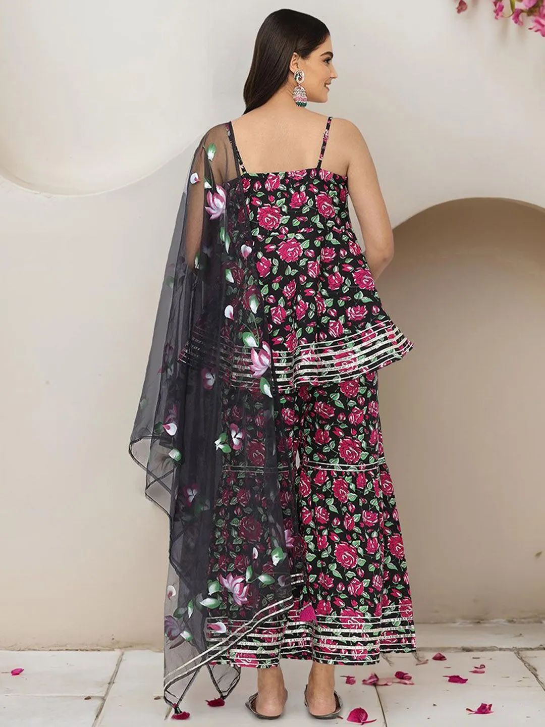 Soft Pure Cotton Black Floral Printed A-Line Kurti with Sharara Bottom and sheer Hand-Painted Organza Dupatta