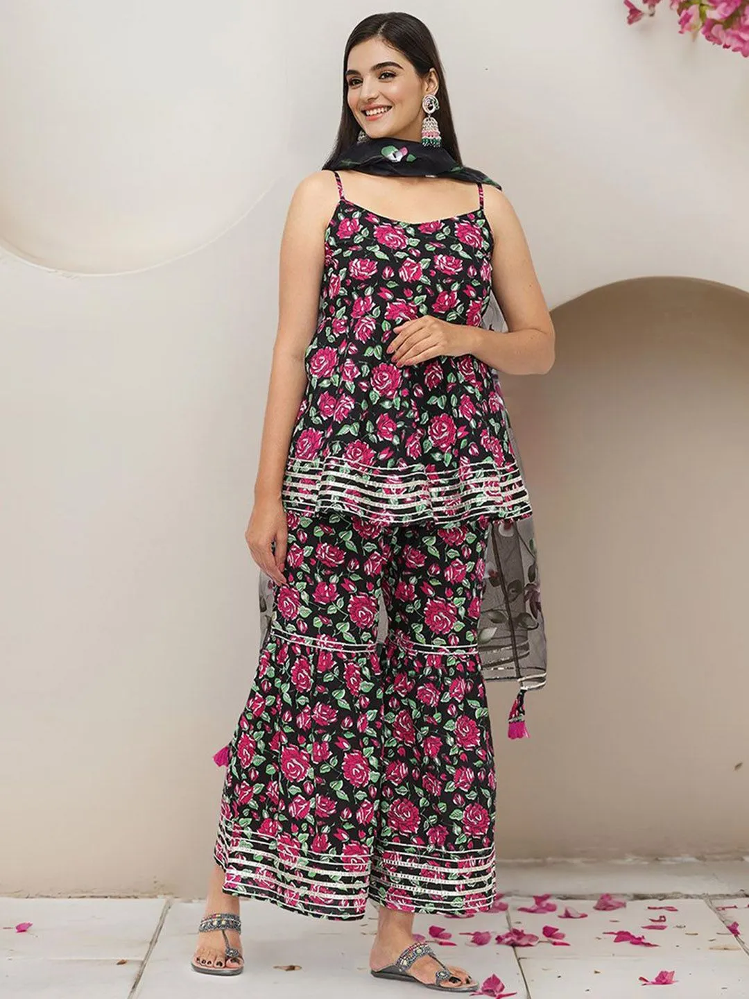 Soft Pure Cotton Black Floral Printed A-Line Kurti with Sharara Bottom and sheer Hand-Painted Organza Dupatta