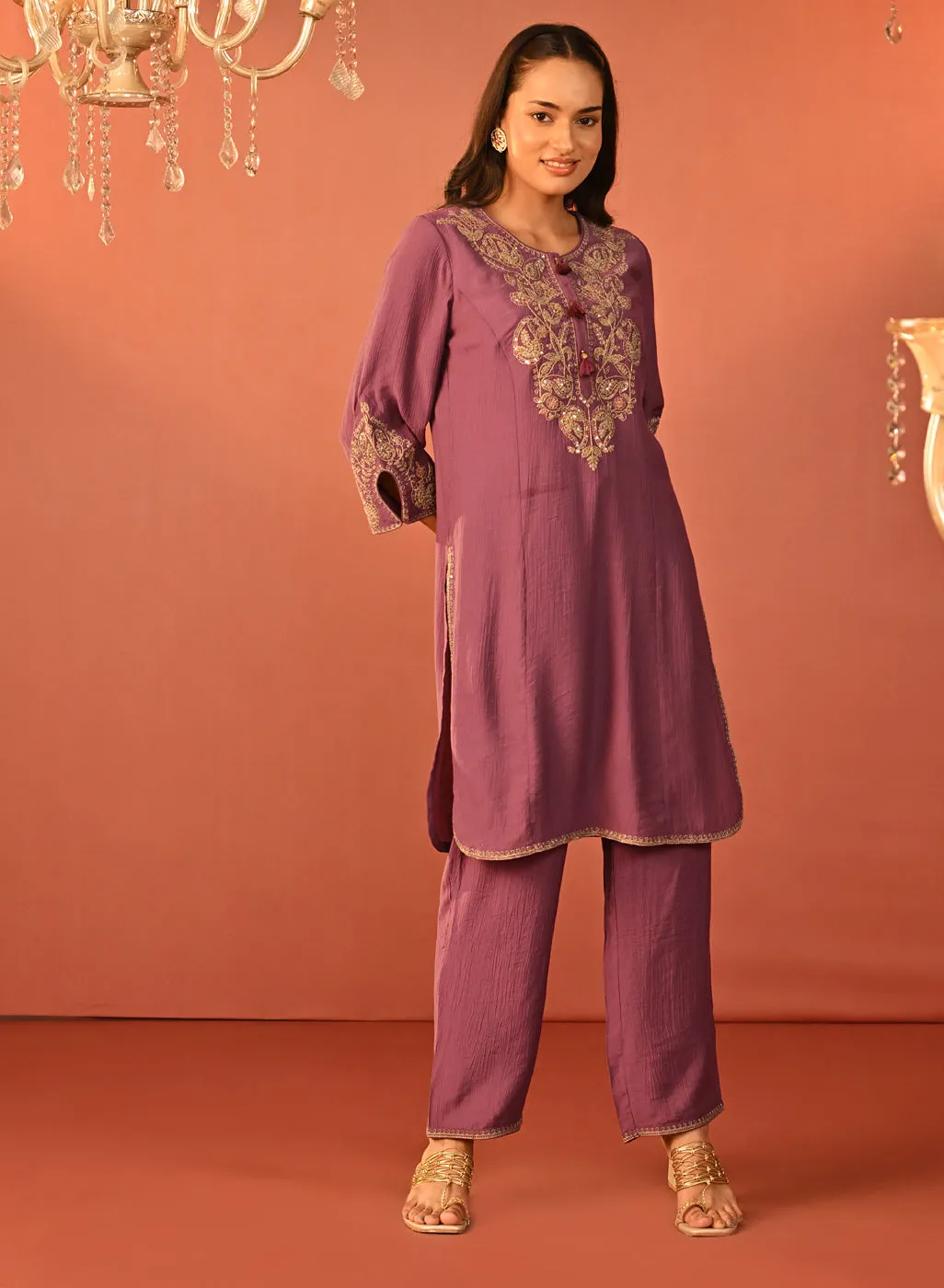 Uroosa Chrome Dull Purple Embroidered Cotton Kurta Set for Women