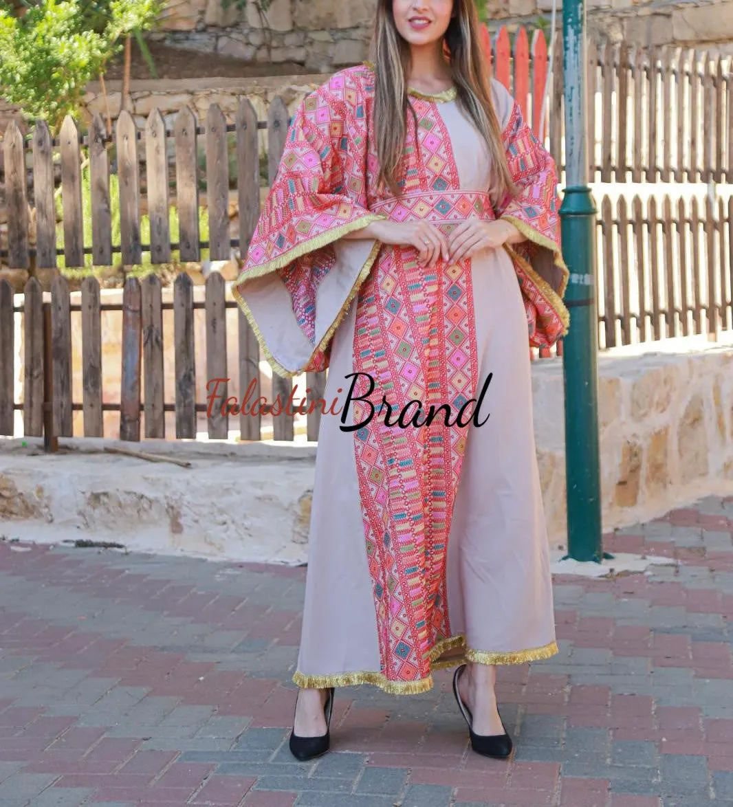 Very Stylish Beige Half Embroidered Dress with Wide Sleeve and Golden Details